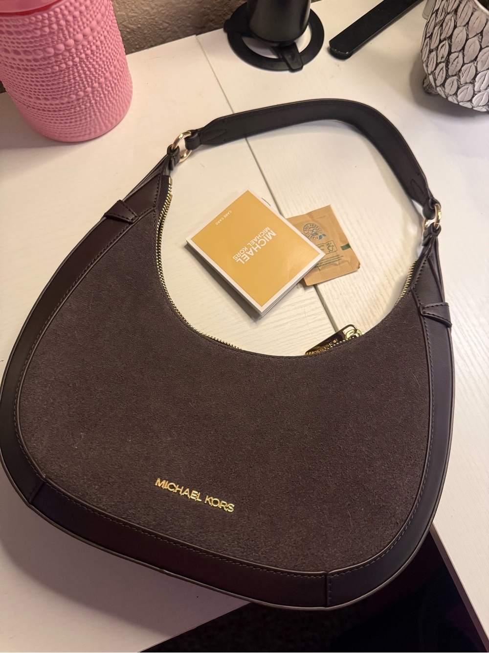 Michael Kors Chocolate Brown Suede Crescent Shoulder Bag
